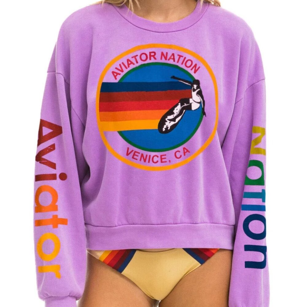 Purple Aviator Nation Relaxed Crew Sweatshirt-- Neon Purple, Size Large